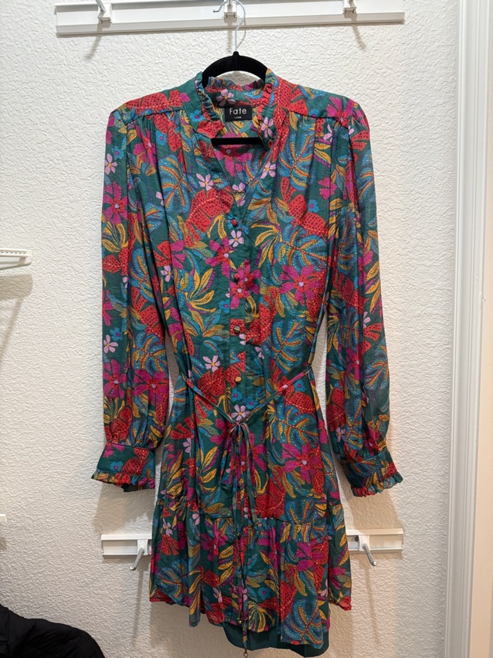 Fate Teal Floral Button-Front Long-Sleeve Tie-Waist Dress
